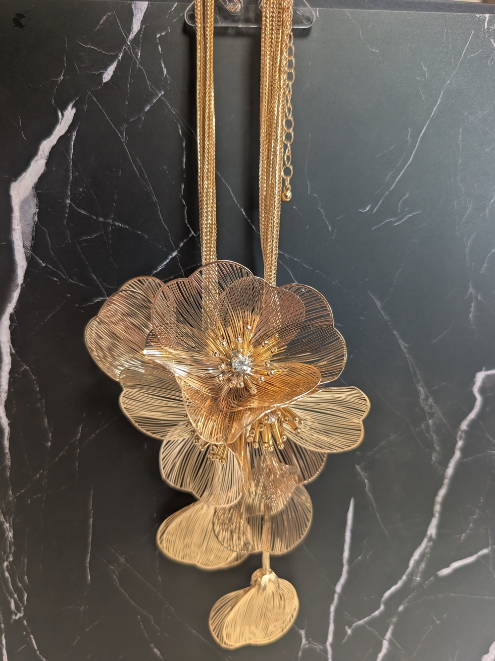 Gold Tone Wire Mesh Floral Choker Necklace Cascading Petal Statement